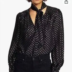 NWT PAIGE Cleobelle Blouse 90% Silk Metallic Black Pattern Tie Neck $229.00